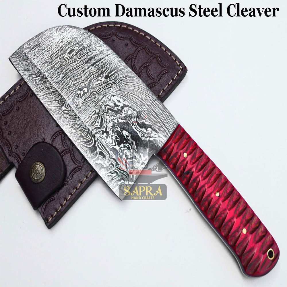 Customdamascusserbiancleaver12inchleathersheath 3