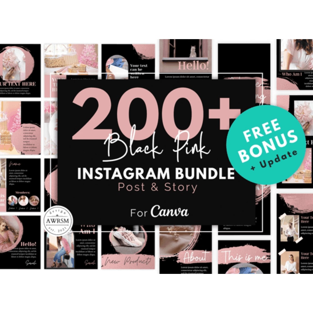 Ultimate Instagram Pack 200 Canva Templates For Posts Stories Black Pink Instagram Boost Bundle 0