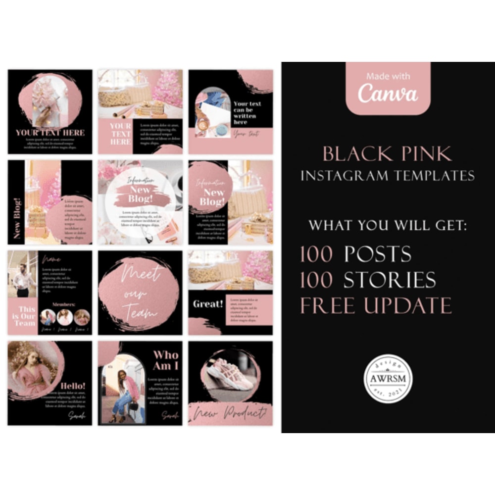 Ultimate Instagram Pack 200 Canva Templates For Posts Stories Black Pink Instagram Boost Bundle 1
