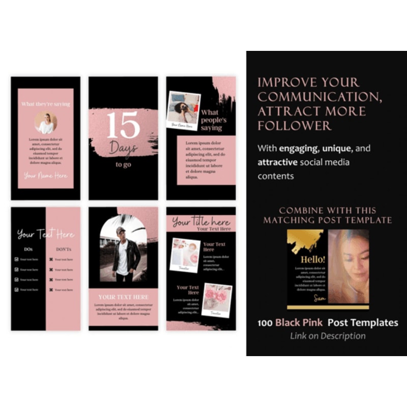 Ultimate Instagram Pack 200 Canva Templates For Posts Stories Black Pink Instagram Boost Bundle 4