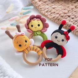 crochet pattern 3pcs baby rattles toys set, infant grab shake rattle, sensory teething toys for babies 0-6 months