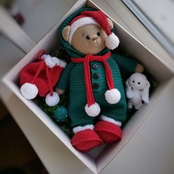 Christmas Teddy Bear crocheted in clothes, Christmas gift, interior toy