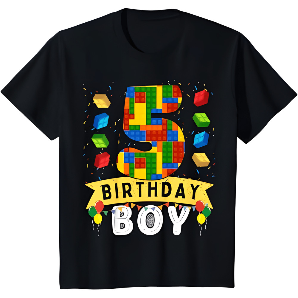 Kids 5 Year Old Building Blocks Master Builder 5th Birthday Boy TShirt 0