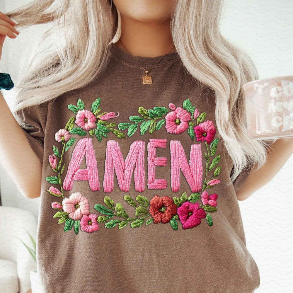Floral Amen PNG Faux Embroidery Girly Retro Amen Png Preppy Easter Png Happy Easter Png Jesus Png C 1