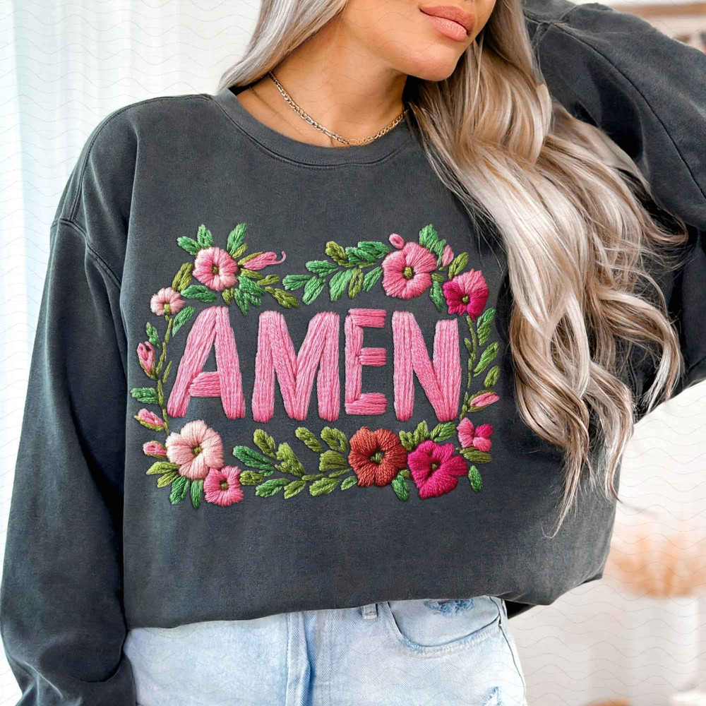 Floral Amen PNG Faux Embroidery Girly Retro Amen Png Preppy Easter Png Happy Easter Png Jesus Png C 0