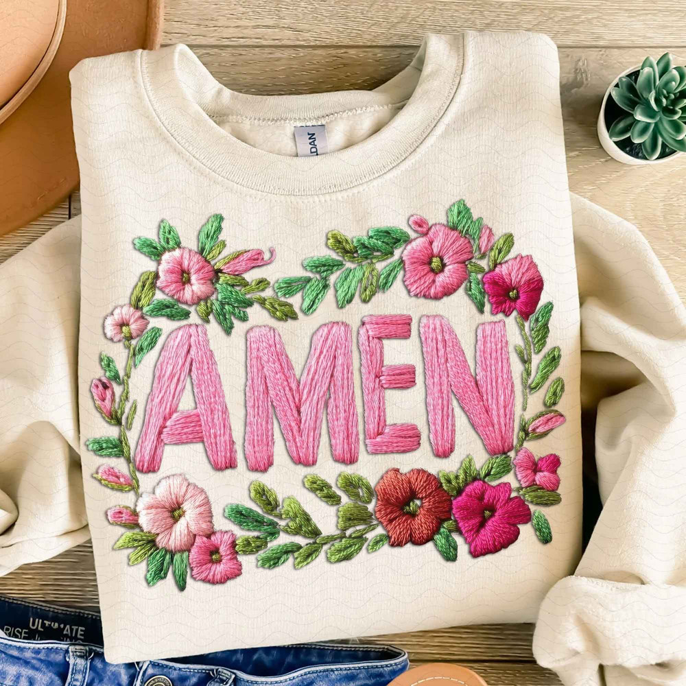 Floral Amen PNG Faux Embroidery Girly Retro Amen Png Preppy Easter Png Happy Easter Png Jesus Png C 3