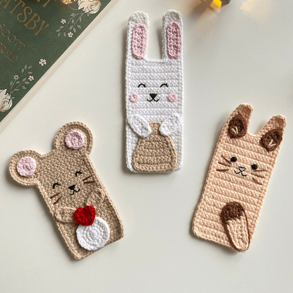 Crochet Animal Bookmark Pattern PDF 3in1 Bunny Cat Mouse Applique Flat Crochet DIY Decor Amigurumi 3