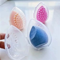 empty makeup sponge storage box, plastic egg shaped cosmetic puff organizer rack, portable makeup blender holder stand