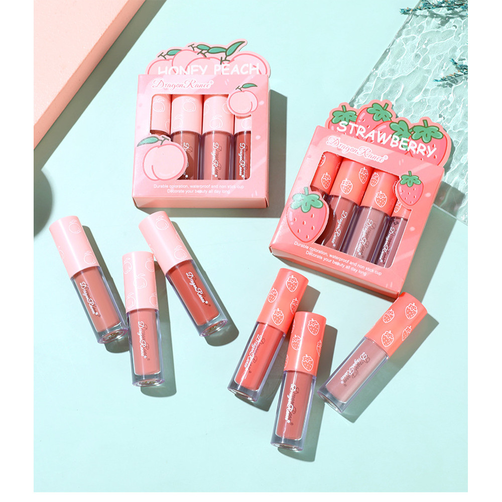 Mini Velvet Matte Lip Gloss Set, 4-Piece Non-Fading Lip Tint Kit, Long-Lasting Fruit Scented Smooth and Lightweight