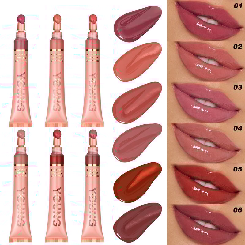 Liquid Water Brightening Lip Glaze, Moisturizing Lip Color with Plush Brush Head, Squeezing Tube Lip Tint Gloss