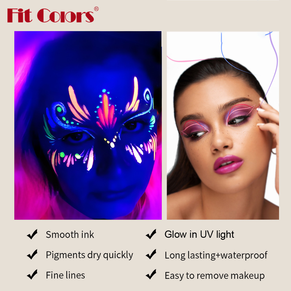 Colorful Liquid UV Waterproof Eyeliner, Fluorescent Face Body Paint Pen, Long Lasting Easy to Remove, Neon Glow