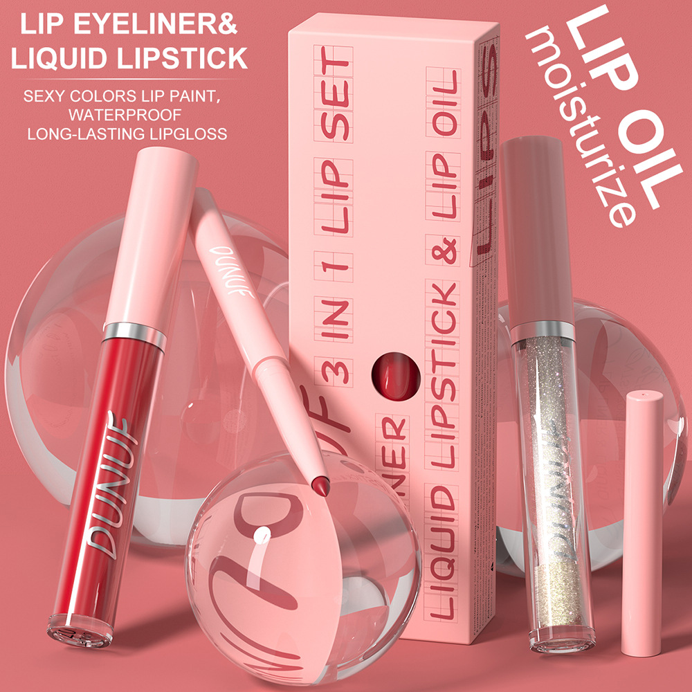 3 In 1 Doe Lips Matte Lip Liner Lip Gloss Lip Oil Waterproof Long Lasting Formula Nonflaking Finish 1