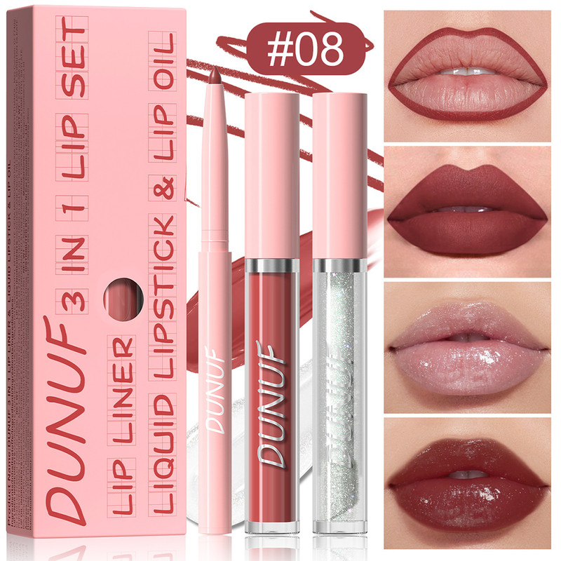3 In 1 Doe Lips Matte Lip Liner Lip Gloss Lip Oil Waterproof Long Lasting Formula Nonflaking Finish 8