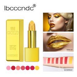 shimmer gold lipstick metallic, waterproof glitter sexy lipsticks, long lasting shine, gold brick tube design gift