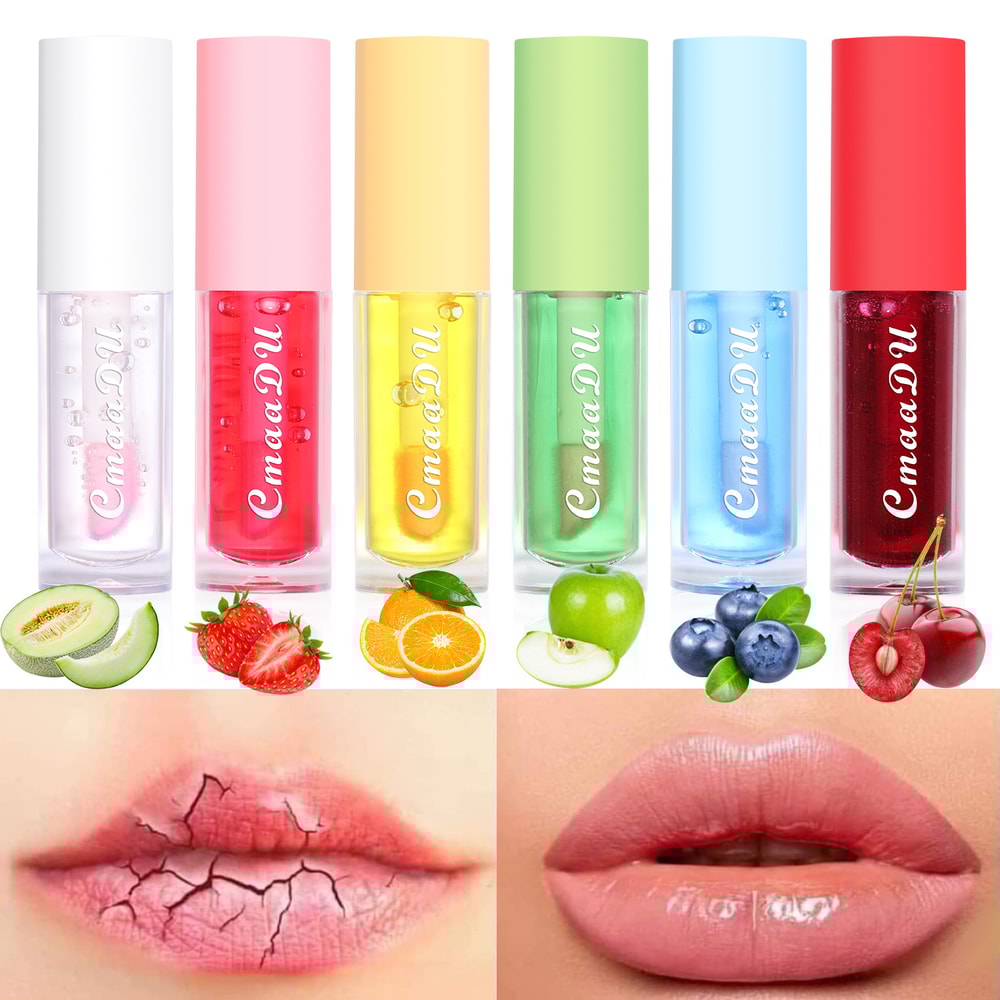 6 Color Fruit Flavor Lip Oil, Color Changing Hydrating Gloss, Moisturizing Tinted Lip Care for Smooth Soft Lips