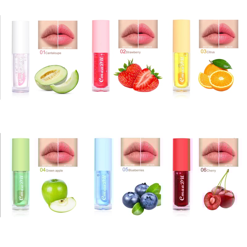 6 Color Fruit Flavor Lip Oil, Color Changing Hydrating Gloss, Moisturizing Tinted Lip Care for Smooth Soft Lips