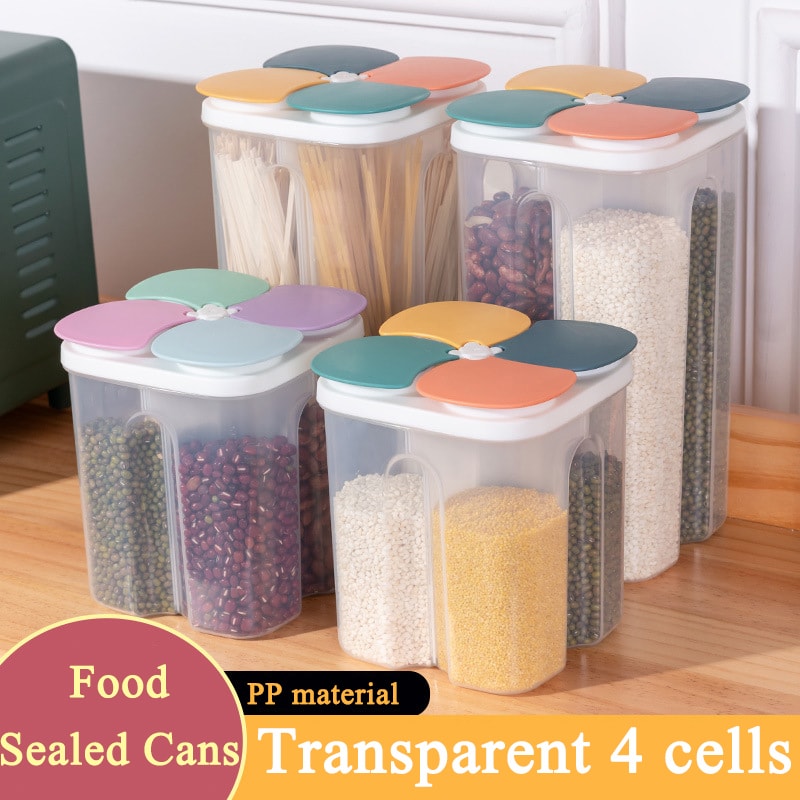 Kitchen Cereal Storage Box 4Grid Plastic Food Container with Airtight Seal
