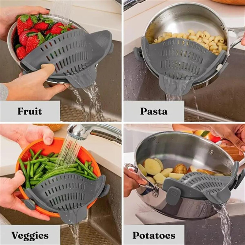 Adjustable Silicone Clip On Strainer for Pots  Pans Handheld Drainer for Noodles Pasta Veggies