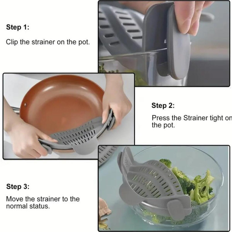 Adjustable Silicone Clip On Strainer for Pots  Pans Handheld Drainer for Noodles Pasta Veggies