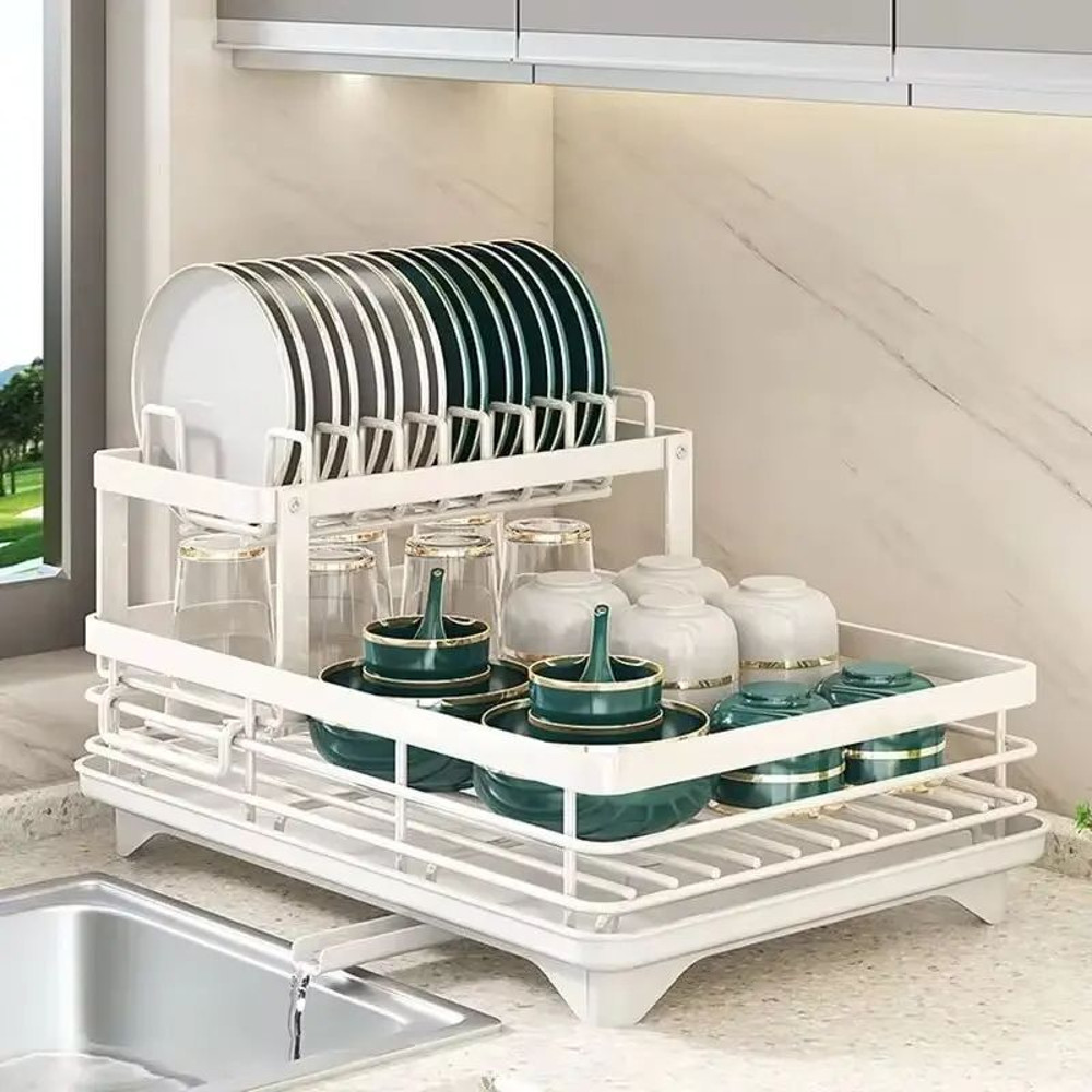 Adjustable Kitchen Plate Storage Box With Drainboard Over Sink Tableware Drying Rack Organizer 0