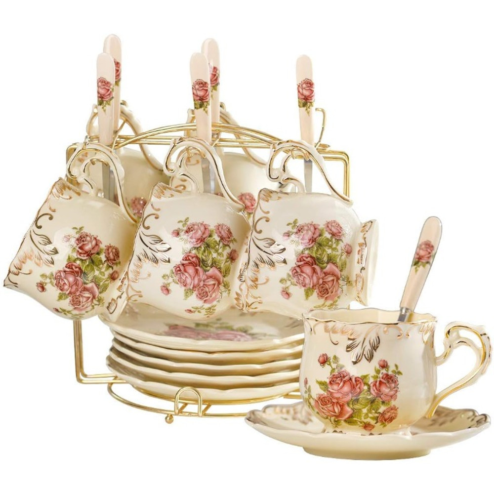 Tea Cups and Saucers Set of 6, 8 Oz Vintage Floral Porcelain Tea Cups Set, Coffee Cups with Golden Rack