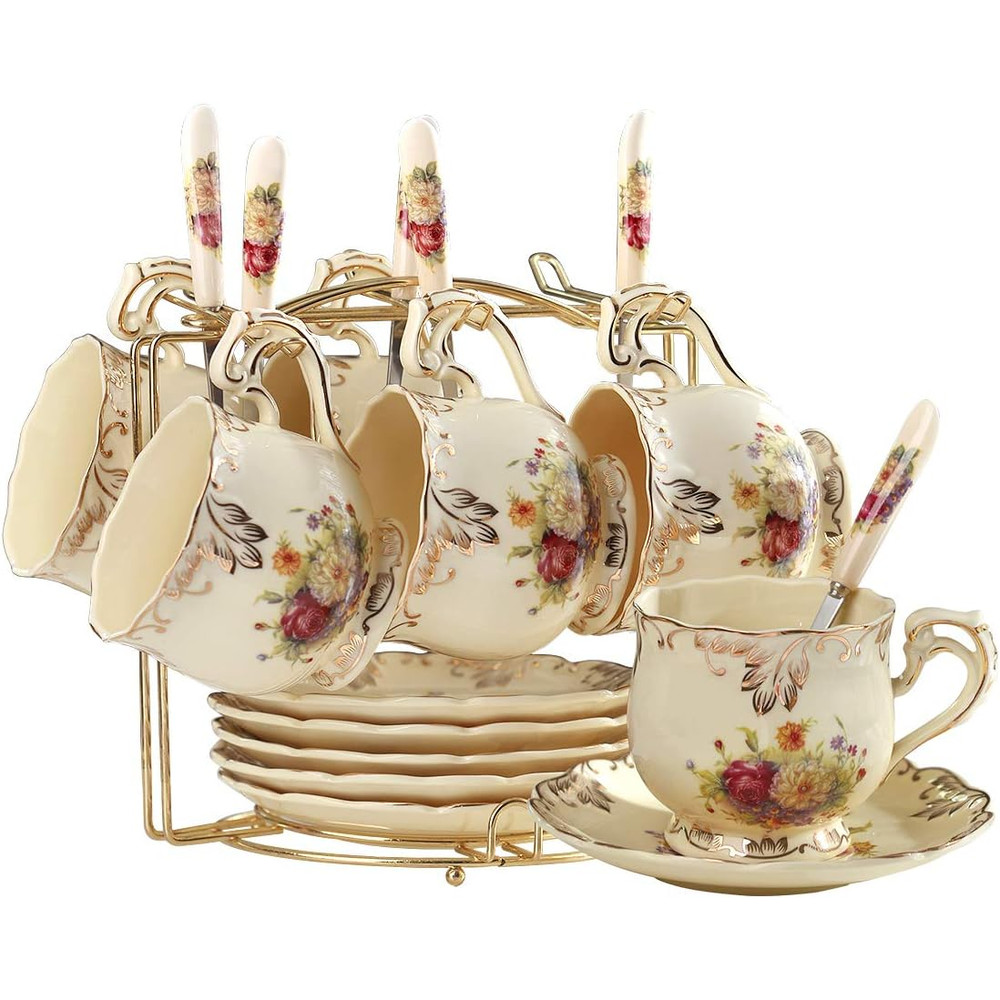Tea Cups and Saucers Set of 6, 8 Oz Vintage Floral Porcelain Tea Cups Set, Coffee Cups with Golden Rack