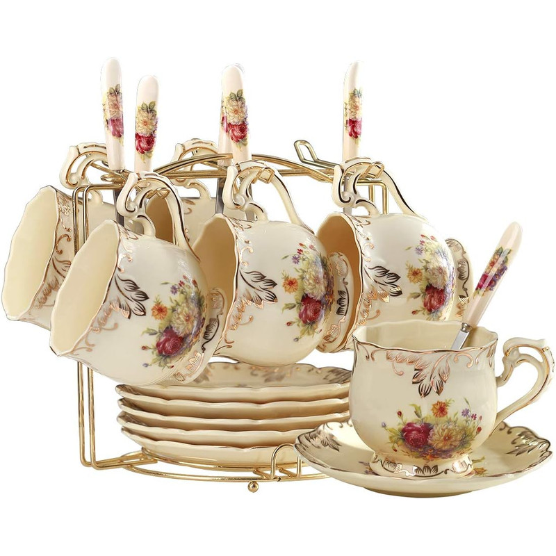 Tea Cups and Saucers Set of 6, 8 Oz Vintage Floral Porcelain Tea Cups Set, Coffee Cups with Golden Rack