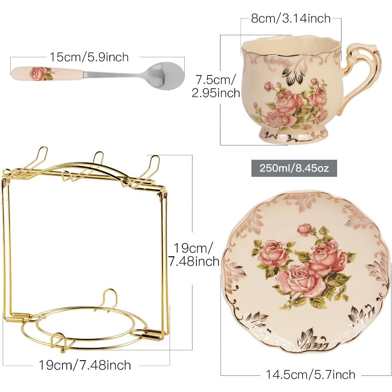 Tea Cups and Saucers Set of 6, 8 Oz Vintage Floral Porcelain Tea Cups Set, Coffee Cups with Golden Rack