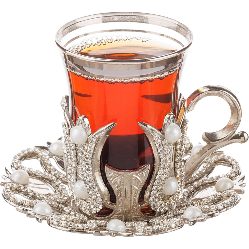 Luxury Tea & Coffee Glasses Set – Swarovski Crystals and Pearl Decorated Cups with Saucers & Spoons