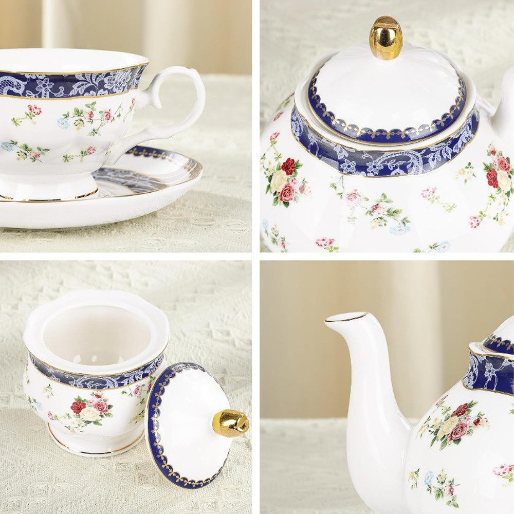 Elegant Porcelain Tea Sets for Adults – Floral Tea Cups Set of 6 with Sugar Bowl & Creamer