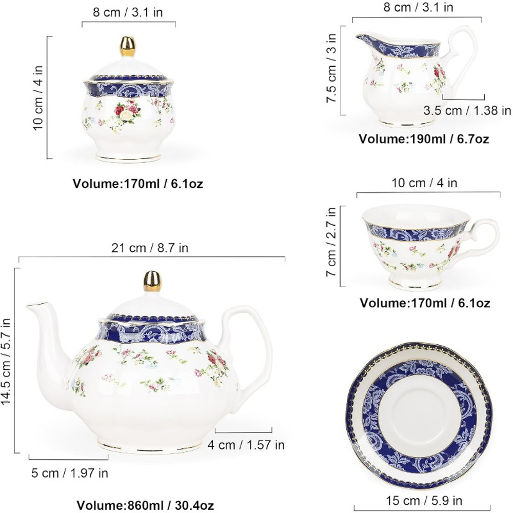 Elegant Porcelain Tea Sets for Adults – Floral Tea Cups Set of 6 with Sugar Bowl & Creamer