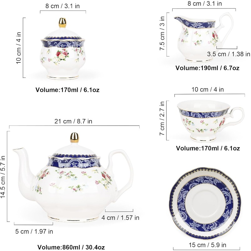 Elegant Porcelain Tea Sets for Adults – Floral Tea Cups Set of 6 with Sugar Bowl & Creamer
