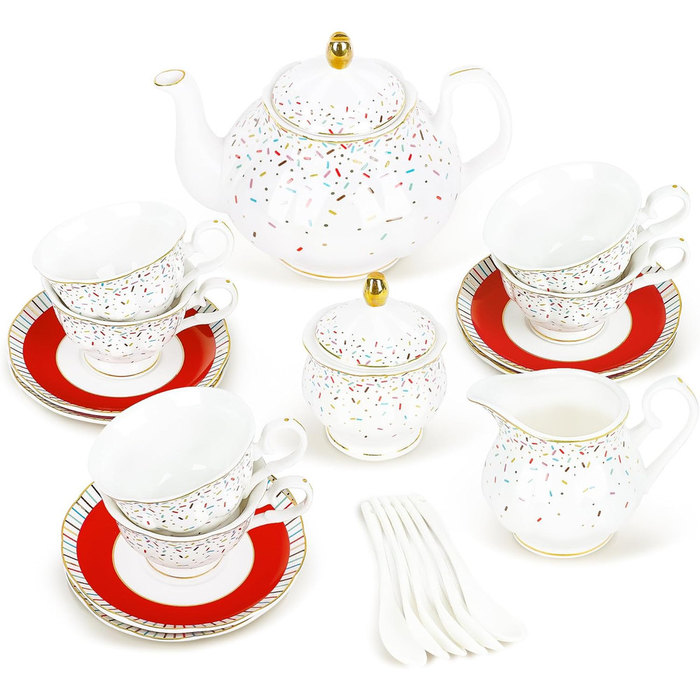 Elegant Porcelain Tea Sets for Adults – Floral Tea Cups Set of 6 with Sugar Bowl & Creamer