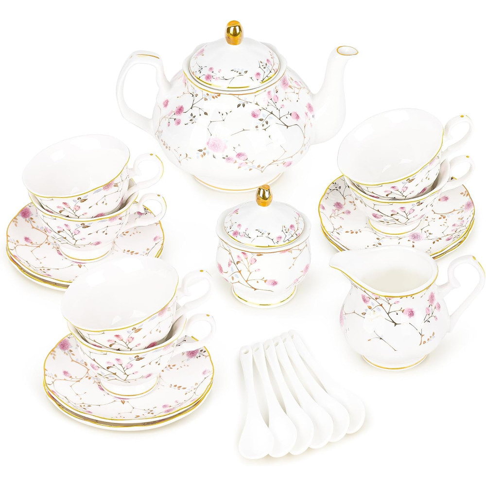 Elegant Porcelain Tea Sets for Adults – Floral Tea Cups Set of 6 with Sugar Bowl & Creamer