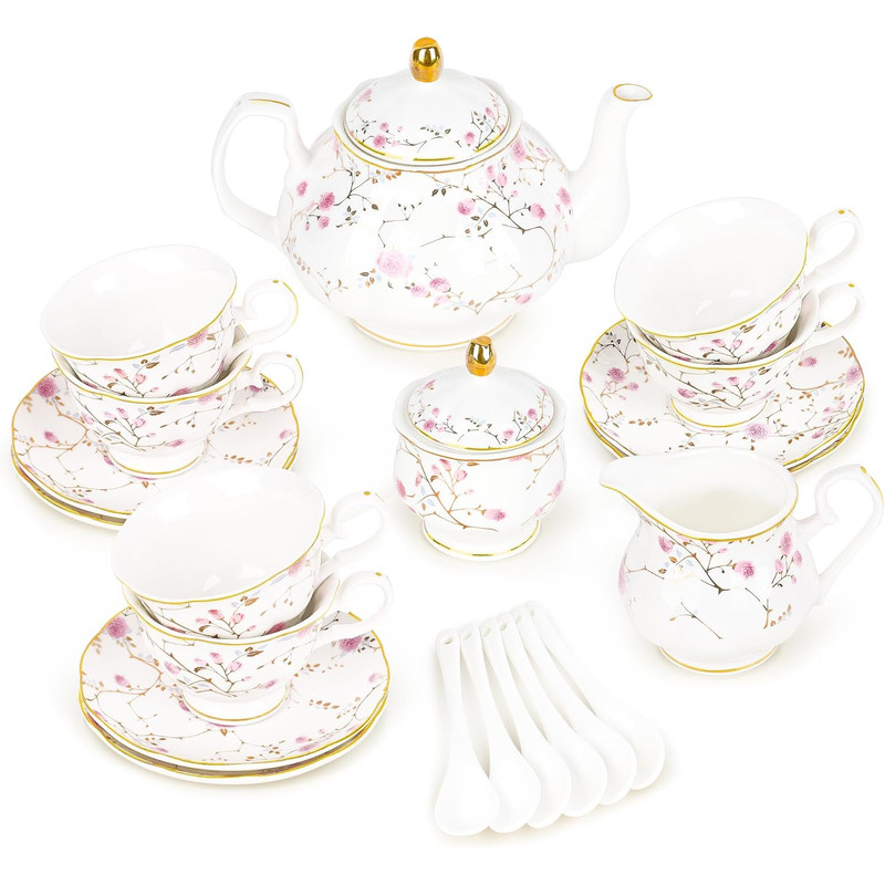Elegant Porcelain Tea Sets for Adults – Floral Tea Cups Set of 6 with Sugar Bowl & Creamer