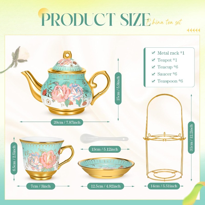 20-Piece Vintage Flower Porcelain Tea Set – European Ceramic Cups with Gold Plated Saucers & Metal Holder