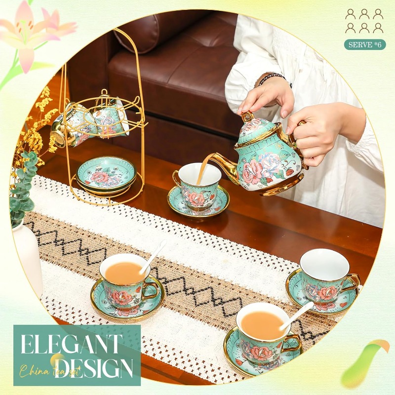 20-Piece Vintage Flower Porcelain Tea Set – European Ceramic Cups with Gold Plated Saucers & Metal Holder
