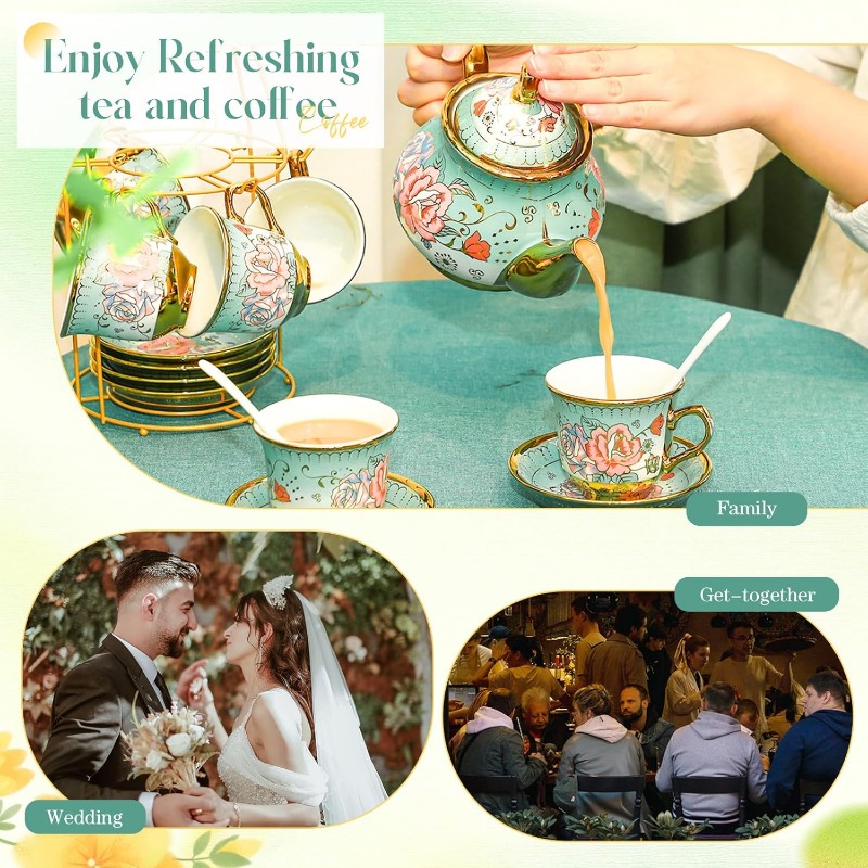 20-Piece Vintage Flower Porcelain Tea Set – European Ceramic Cups with Gold Plated Saucers & Metal Holder