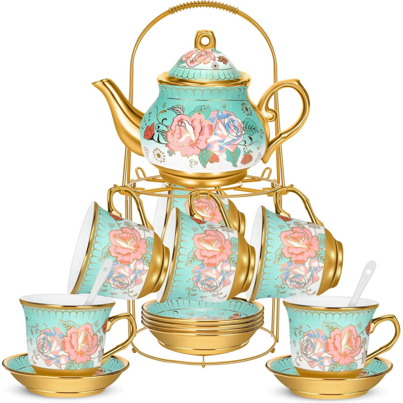 20-Piece Vintage Flower Porcelain Tea Set – European Ceramic Cups with Gold Plated Saucers & Metal Holder