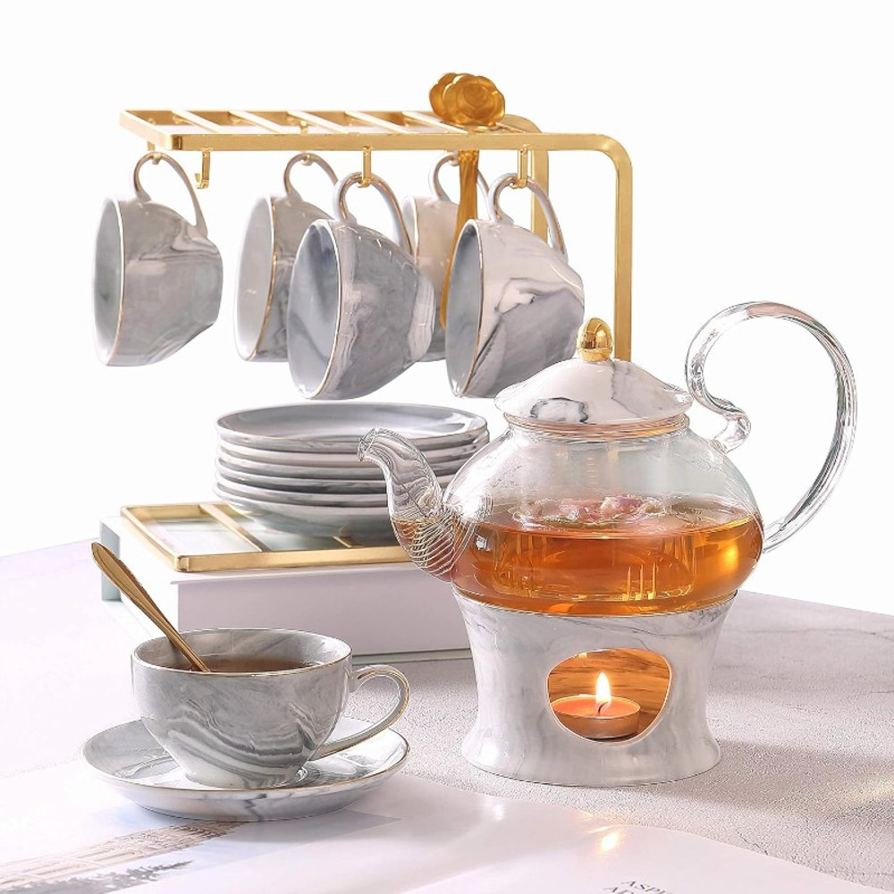 Elegant Handcrafted Tea Set 21 Pcs Gray Marble Porcelain Set For Kids Adults 0