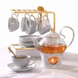 elegant handcrafted tea set – 21 pcs gray marble porcelain set for kids & adults