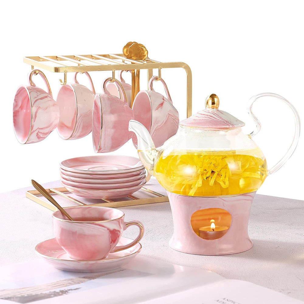 Elegant Handcrafted Tea Set 21 Pcs Gray Marble Porcelain Set For Kids Adults 5