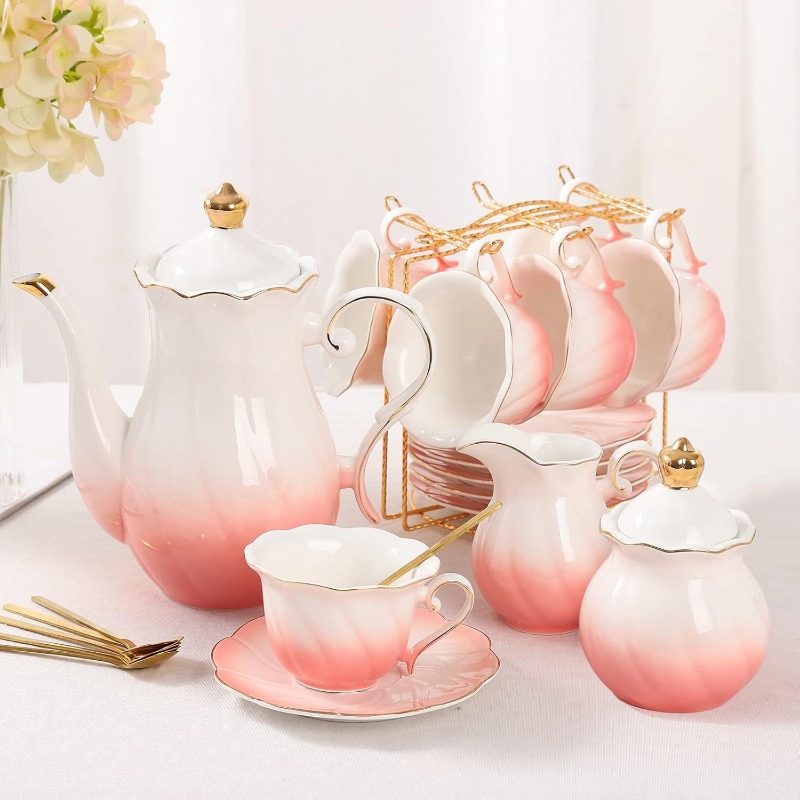 22Piece Porcelain Tea Set For 6 Luxury British Style Tea Coffee Cups With Golden Trim 0