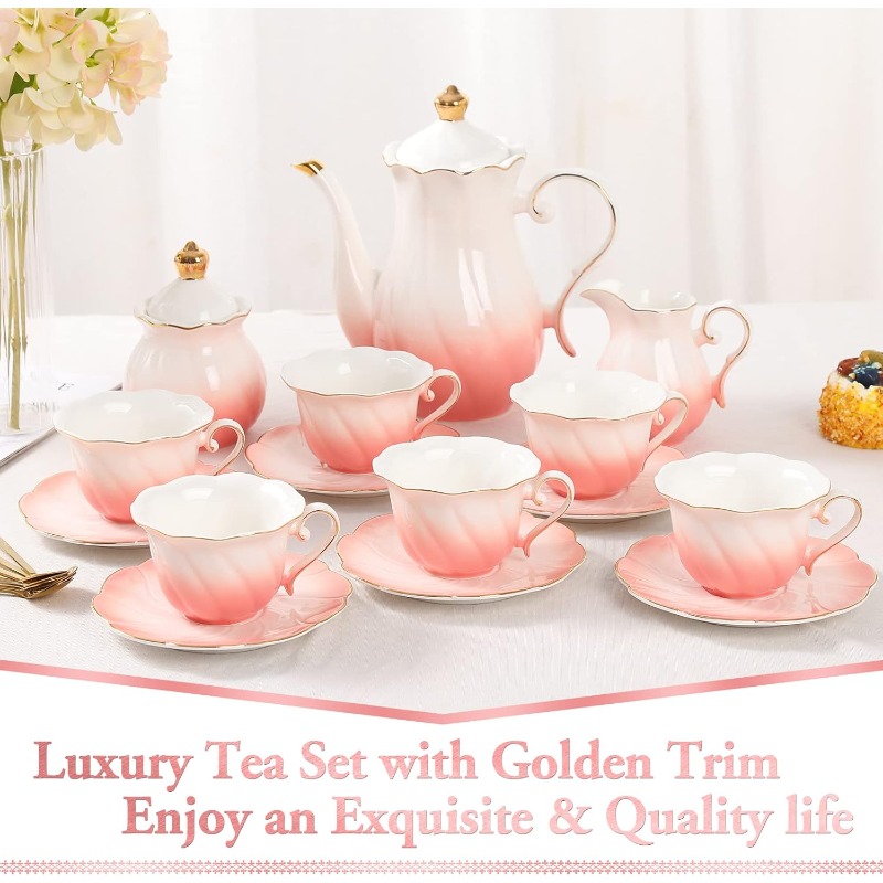 22Piece Porcelain Tea Set For 6 Luxury British Style Tea Coffee Cups With Golden Trim 1