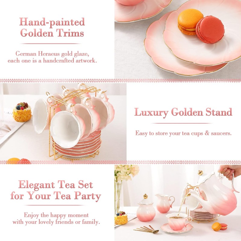 22Piece Porcelain Tea Set For 6 Luxury British Style Tea Coffee Cups With Golden Trim 3