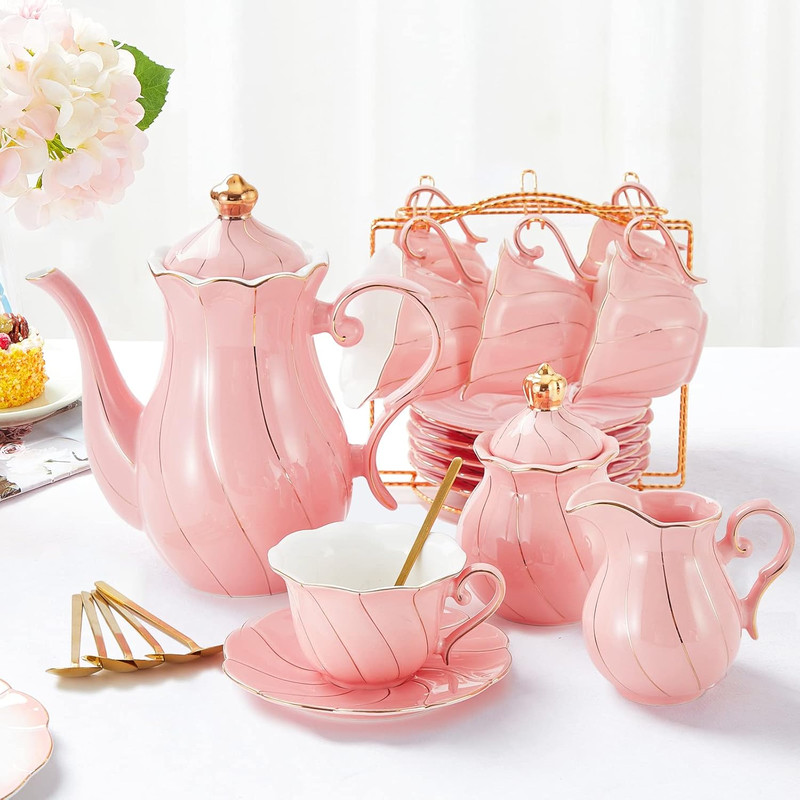 22Piece Porcelain Tea Set For 6 Luxury British Style Tea Coffee Cups With Golden Trim 6