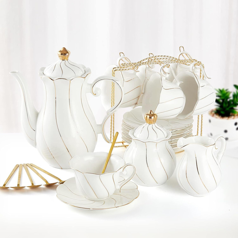 22Piece Porcelain Tea Set For 6 Luxury British Style Tea Coffee Cups With Golden Trim 7