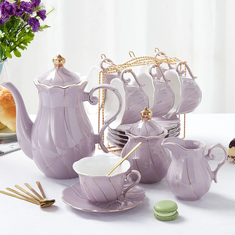 22Piece Porcelain Tea Set For 6 Luxury British Style Tea Coffee Cups With Golden Trim 8