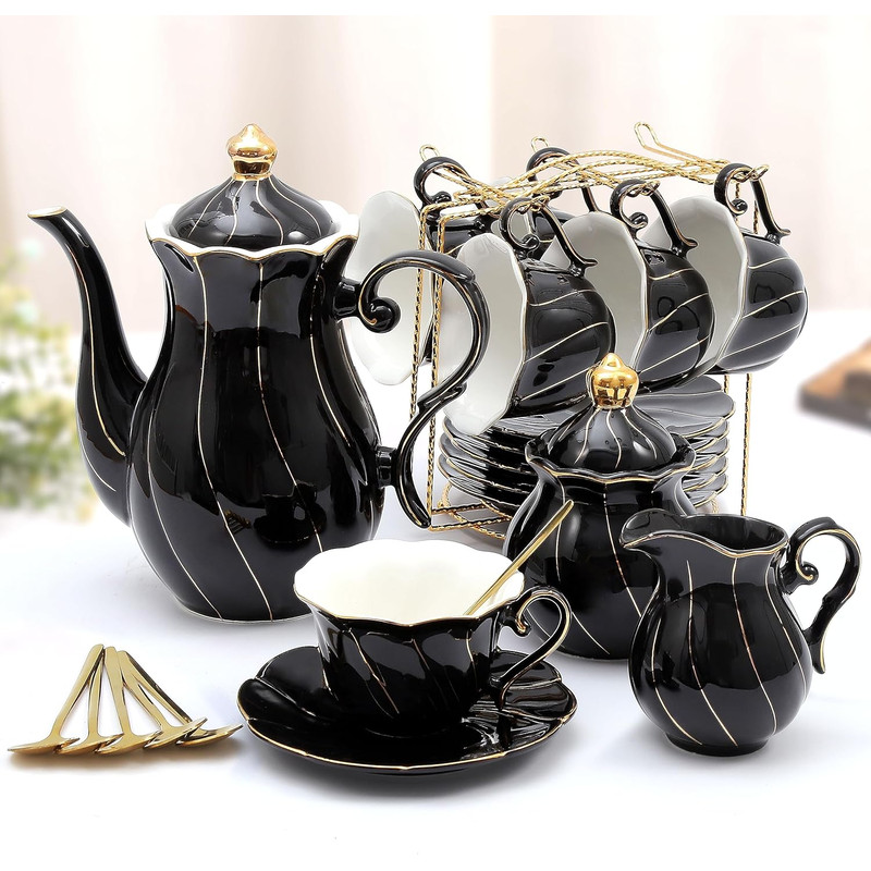 22Piece Porcelain Tea Set For 6 Luxury British Style Tea Coffee Cups With Golden Trim 9