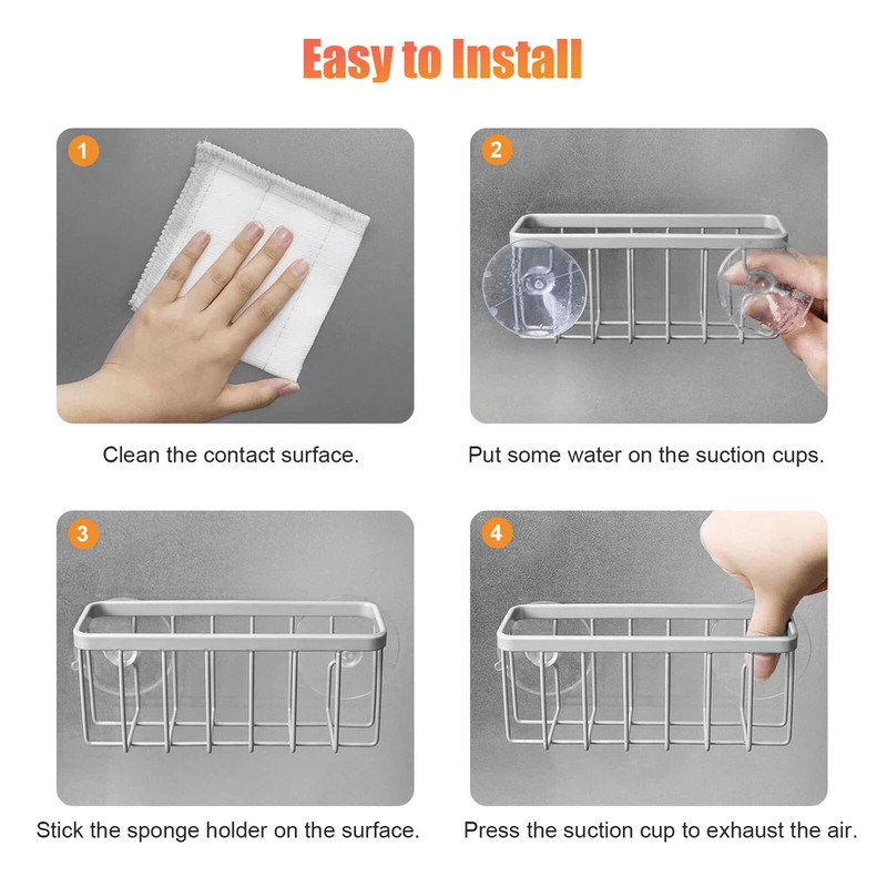 Stainless Steel Sink Caddy With Suction Cups Sponge Holder  Soap Storage Drain Rack Organizer 4